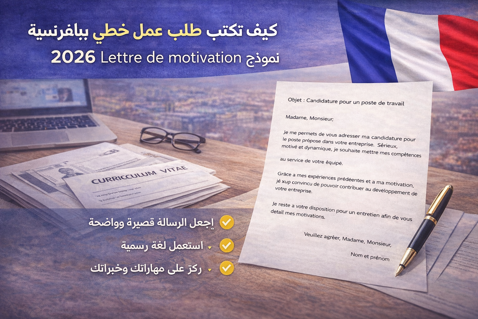 كيف تكتب طلب عمل خطي بالفرنسية 2026: نموذج Lettre de motivation